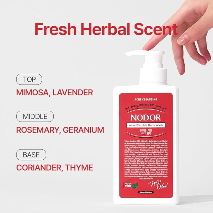 Acne Blemich Body Wash 460ml/15.55fl.oz. NODOR Acne-Prone Skin Soothing Care Redness Relief Gentle Low-Irritation pH-Balanced Fresh Rosemary Herbal Scent Korean body care