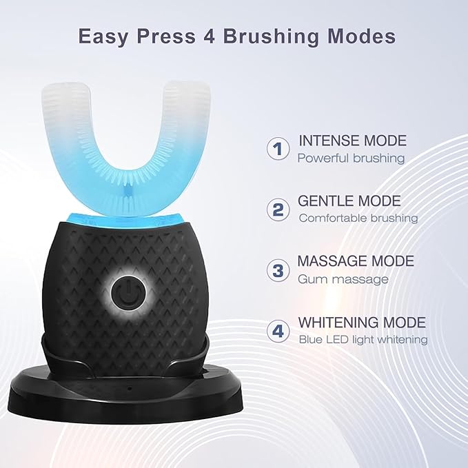 Smart U-Shaped Ultrasonic Toothbrush for Adults: 360° Full Mouth Cleaning with Auto Rotation Smart Pressure Sensor &amp LED Light Includes Foam Mousse 4 Brush Heads and Charging Base (black)