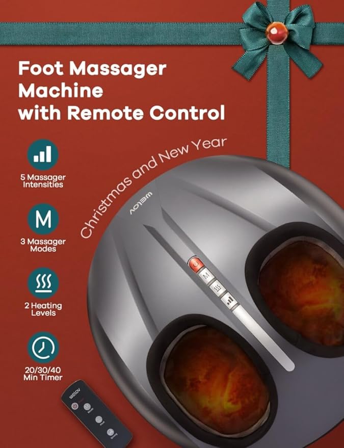 WELOV Foot Massager Machine with Deep-Kneading with 5 Level Foot Massager for Neuropathy Compression Shiatsu Heat for Plantar Fasciitis Fits Feet Up to Size 12 Suitable for Christmas Gifts