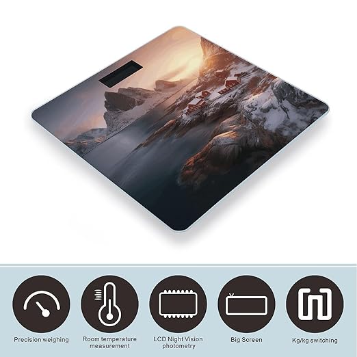 Sunrise Over Hamnoy Scale for Body Weight Anti-Slip Tempered Glass Digital Bathroom Scales Clear LCD Display Weighing Scale Safe Rounded Corners Smart Scales
