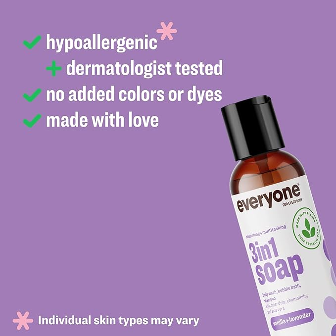 Everyone 3-in-1 Soap Body Wash Bubble Bath Shampoo Travel Size 2 Ounce (Pack of 12) Vanilla and Lavender made with Essential Oils for Men and Women