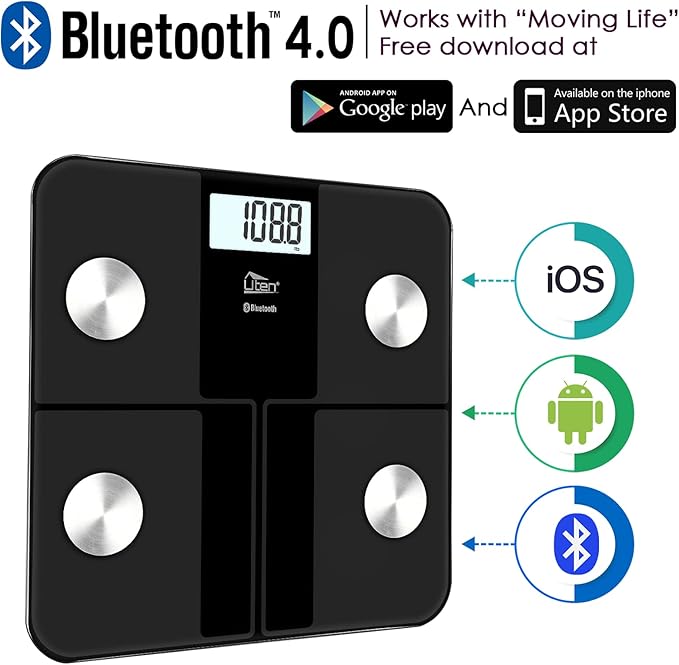 Uten Smart Scale for Body Weight Digital Bathroom Weighing Wireless Scales with Body Fat and Water Weight for People Bluetooth BMI Electronic Body Analyzer Machine with Smartphone App 400lb Black