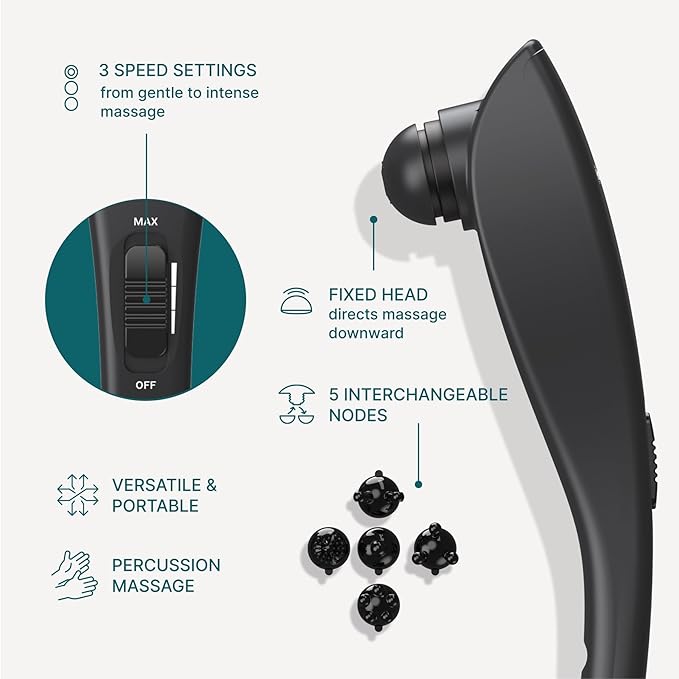 Homedics Deep Tissue Percussion Massager with 3 Speeds 5 Attachments and Long Handle for Hard-to-Reach Areas