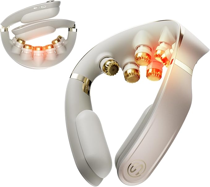 SKG G7 Pro Fold Foldable 3.0 Neck Massager for Pain Relief Deep Tissue Vibration Cordless Travel MassagerInnovative Portable 3D Neck Massager for Office Home Car Travel Gold Titanium Neck Massager