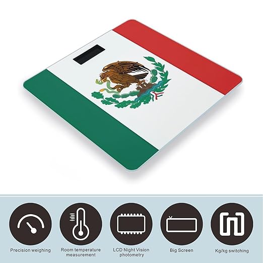 Flag of Mexico Scale for Body Weight High Precision Digital Weight Scales with LCD Display Anti-Slip Sturdy Slim Tempered Glass Bathroom Scale for Home Use