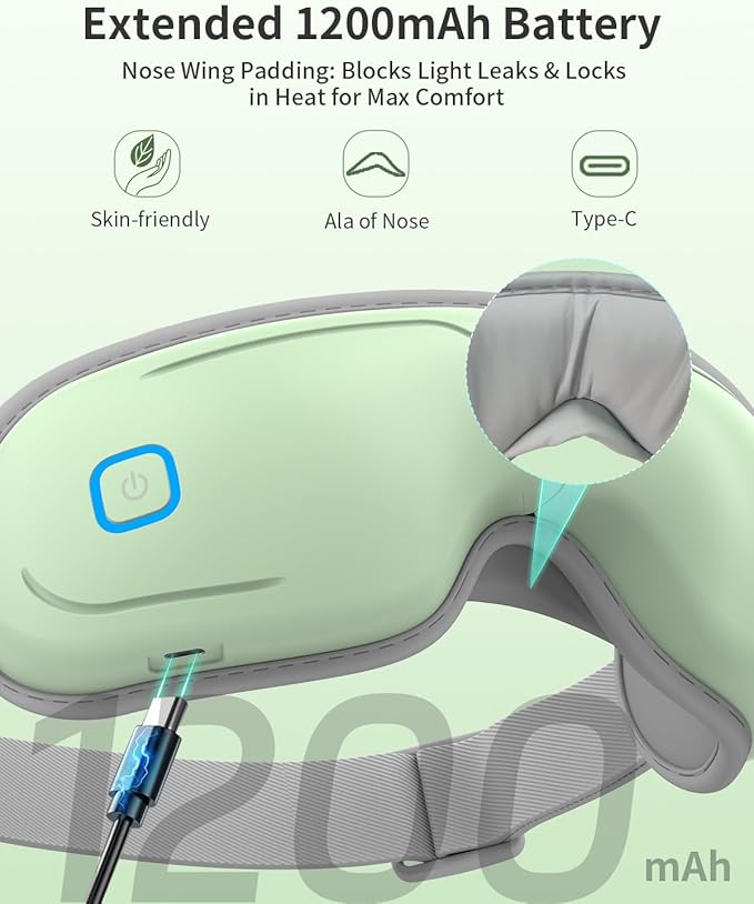 Eye Massager with Heat and Compression - Avocado Green Heated Eye Mask with Vibration Bluetooth Music 6 Modes Rechargeable 1200mAh Battery for Eye Strain Dry Eyes Migraines Relief