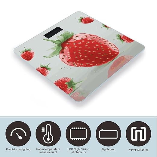 Lovely Strawberry Weight ScaleClear LED Display Bathroom Digital Weighing ScaleTempered Glass Digital Bathroom Scale for Body Weight Capacity Up to 400 Lbs