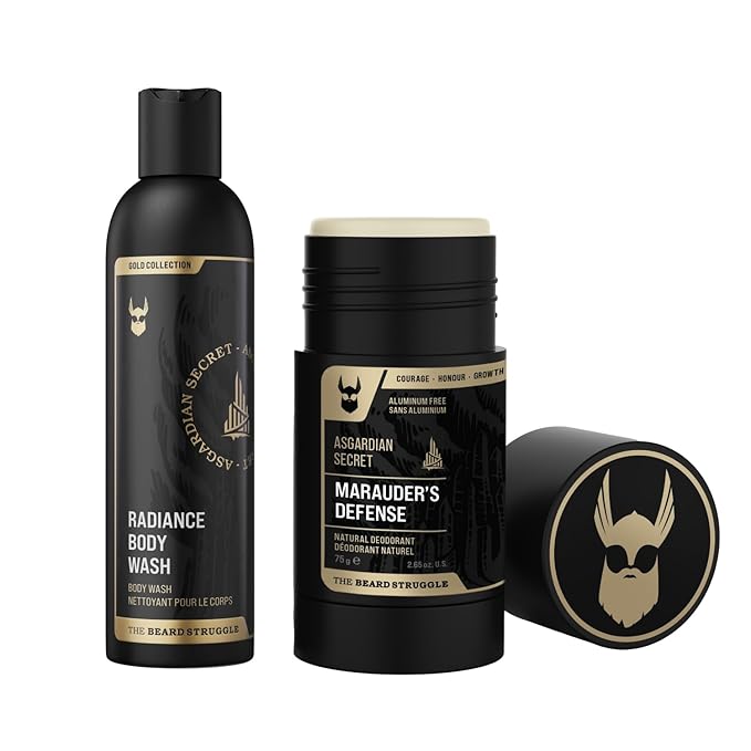 Men's Body Wash &amp Natural Deodorant Bundle by The Beard Struggle - Leaves Refreshed &amp Moisturized All Day Long - Gold Collection - Asgardian Secret
