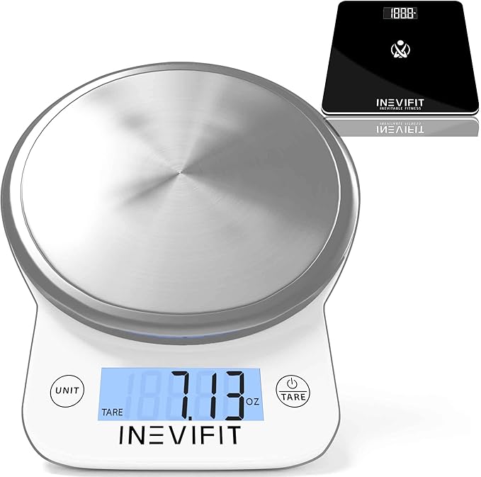 INEVIFIT Bathroom Scale &amp Digital Kitchen Scale Fitness Bundle Complete Body Composition and Nutrition Tracking Solution with Batteries Included