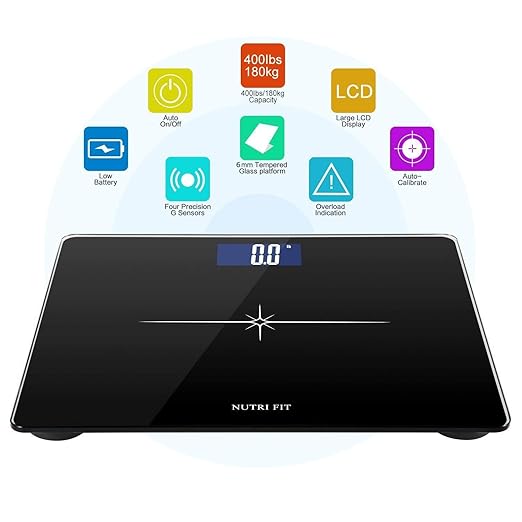 NUTRI FIT Extra-Wide/Ultra-Thick Digital Body Weight Bathroom Scale with 3 Inch Large Easy Read Backlit LCD Display Max Capacity 400lb Step-on Technology Black