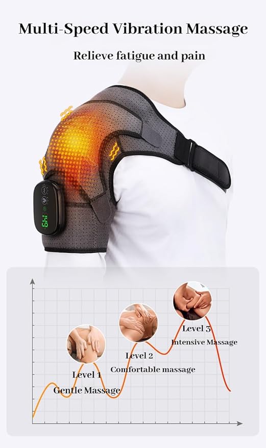 Shoulder Massager – Cordless Shoulder Heating Pad with Vibration for Deep Tissue Comfort Heated Shoulder Wrap with 3 Heating Levels &amp Vibration Adjustable Straps Left or Right (Gray)