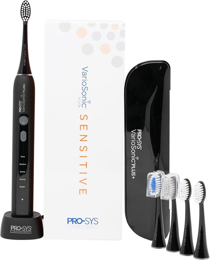 PRO-SYS® VarioSonic Plus+ Sensitive Kit Professional Electric Toothbrush for Sensitive Teeth Rechargeable with Pressure Sensor and Timer Customizable Intensity Powered Toothbrush with Travel Case
