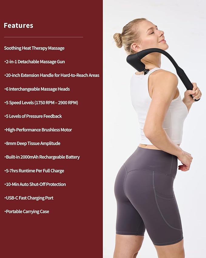 Upgraded 2-in-1 Massage Gun with Heat Pain Relief Deep Tissue Back and Neck Massager with Extension Handle Handheld Muscle Massage Gun for Back Shoulder ArmThigh FSA-HSA Eligible