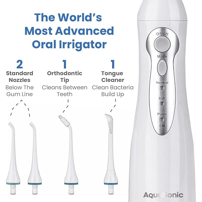 AquaSonic Home Dental Center Rechargeable Power Toothbrush &amp Smart Water Flosser - Complete Family Oral Care System - 10 Attachments and Tips Included - Various Modes &amp Timers (White)