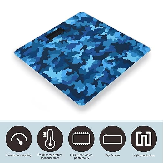 Blue Camo Scale for Body Weight High Precision Digital Weight Scales with LCD Display Anti-Slip Sturdy Slim Tempered Glass Bathroom Scale for Home Use