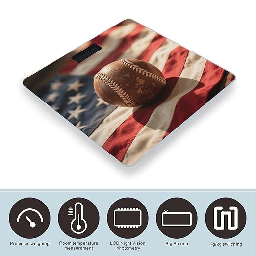 Digital Bathroom Scale for Body Weight Scale with Bright LCD Display High Accuracy Step-On Technology Auto On/Off Vintage Baseball On American Flag Digital Scales 400 Lbs /180kg