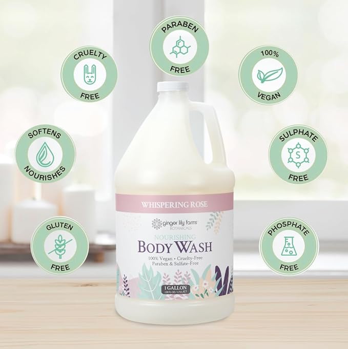 Ginger Lily Farms Botanicals Nourishing Body Wash 100% Vegan &amp Cruelty-Free Whispering Rose Scent 1 Gallon (128 fl oz) Refill