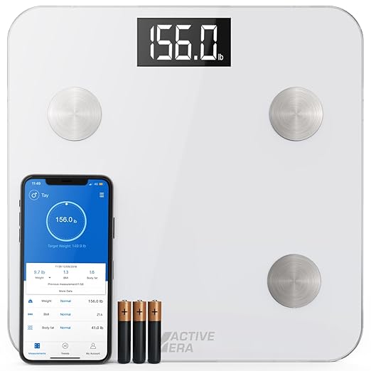 Active Era Digital Bathroom Bluetooth Scales Weight and Body Fat - Fit Track Scale Calculates BMI Body Fat Percentage Muscle Mass - Apple Health Google Fit &amp Fitbit Compatibility (White)