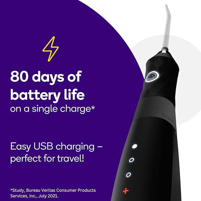 BURST Electric Water Flosser for Teeth Cleaning (3 Modes/White) | Cordless | Plaque Removal Between Braces &amp Dental Work | Portable Floss | Refillable 110mL Tank