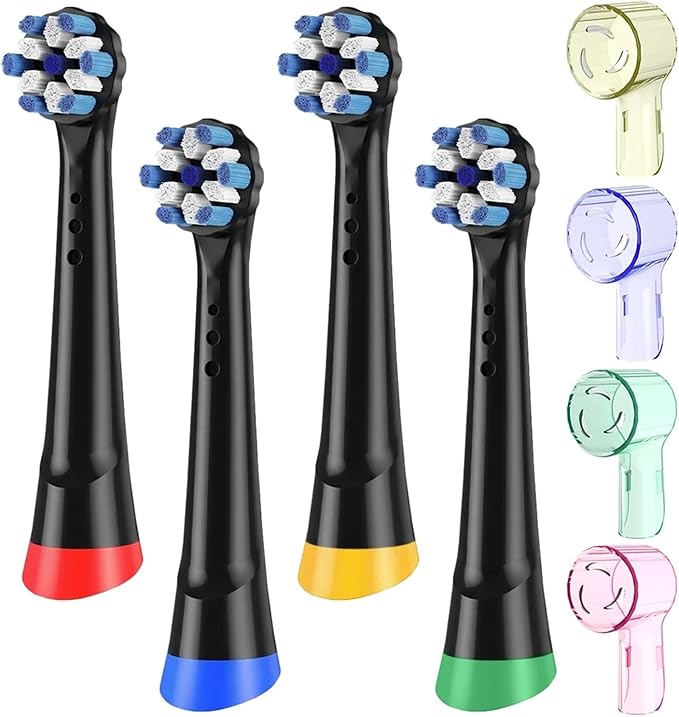 4X Replacement Brush Heads &amp 4X Toothbrush Head Protective Caps Compatible for Oral B iO 2/3/4/5/6/7/8/9 Electric Toothbrushes(Black-Colorful)