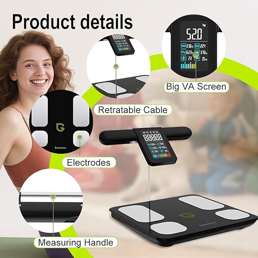 Fitness Body Fat Scales with Hand Sensors 8 Electrodes 29 Body Analysis 180kg Weight Scale Professional Body Fat and Muscle Mass Analyzer with App/Large Display (Black)