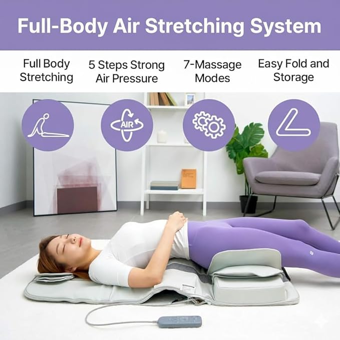 DR. WELL 2026 New Full Body Stretching Massage Mat 3D Lumbar - Neck Back Waist Hip Relaxation. 26 Powerful Air Cells 7 Massage Modes &amp 5 Intensities Levels. Foldable &amp Portable Mattress.