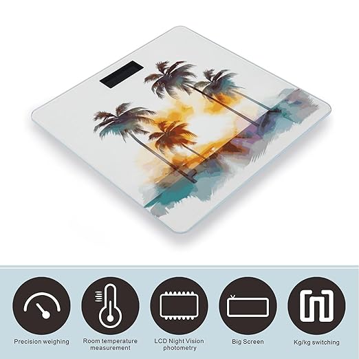 Palm Trees Sunset Digital Bathroom Scale for Body Weight with High Precision Digital Weighing Scale with BMI Clear LCD Display and Step-On Measures Weight Up to 180kg