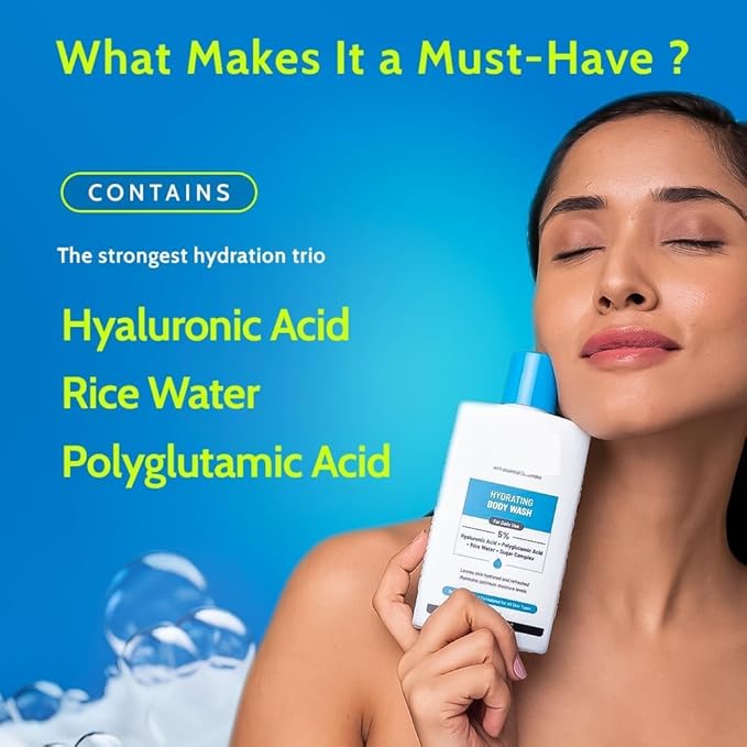HS Hydrating Body Wash | Hyaluronic Acid Bodywash for Intense Hydration | Reduces Flakes &amp Itchiness | For Dry Skin | Polyglutamic Acid &amp Hyaluronic Acid | SLS &amp Paraben Free | For Women &