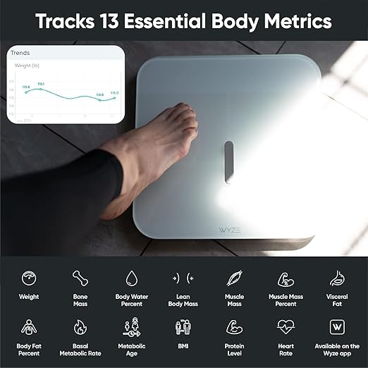 Wyze Smart Scale X - Digital Bathroom Scale for Body Weight BMI Body Fat Muscle Mass Heart Rate Monitor | ITO Glass &amp LED Backlight | Batteries Included 400 lbs (White)