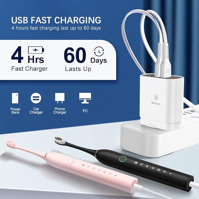 2 Pack Rechargeable Electric Toothbrushes for Adults and Kids Whitening Tooth Brush with 8 Brush Heads 6 Cleaning Modes and Smart Timer Waterproof Cleaning Toothbrushes Set