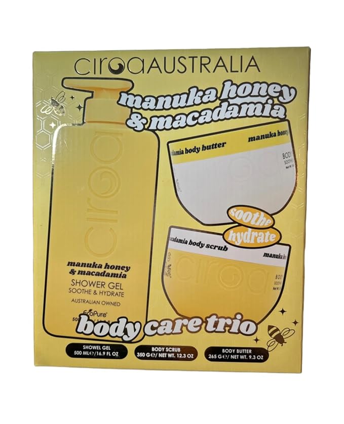 MANUKA HONEY &amp MACADAMIA BODY CARE TRIO 1 SHOWER GEL16.9FL.OZ1 BODY BUTTER 12.3 OZ.1 BODY SCRUB 9.3 OZ (1 SET OF 3 ITEMS)