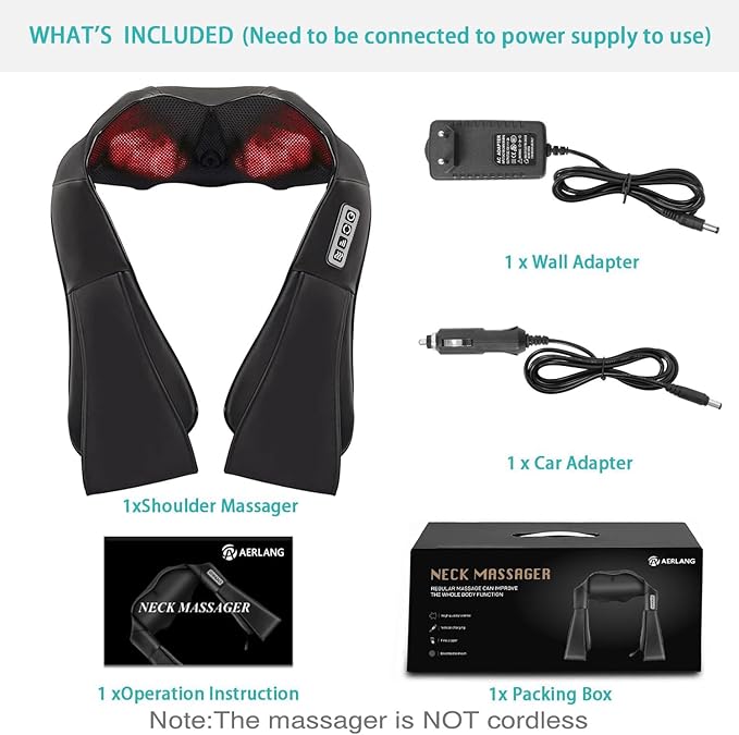 AERLANG Shiatsu Back and Neck Massager Back Massager Deep Tissue Kneading Neck and Shoulder Massage with Heat Electric Massage Pillow Fathers Day Gift Ideas from Daughter Son(NOT Cordless)