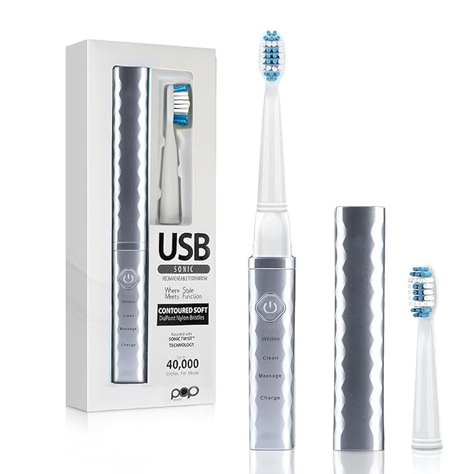 Pop Sonic USB Charge Anywhere Toothbrush(Silver) | Rechargeable Toothbrush w/Up to 40000 Brush Strokes/Minute-Long-Lasting Dupont Nylon Bristles -Teens &amp Adult with Quadrant Pacer &amp Timer