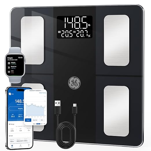 GE Smart Scale for Body Weight and Fat Digital Bathroom Scales BMI Body Fat - Bluetooth 13 Body Composition Monitor for Muscle Mass People with App Accurate 400lb Weighing Rechargeable