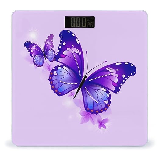 Purple Butterfly Scale for Body Weight Anti-Slip Digital Bathroom Scale Sturdy Toughened Glass Weighing Scales High Precision Safe Rounded Corners Smart Scales