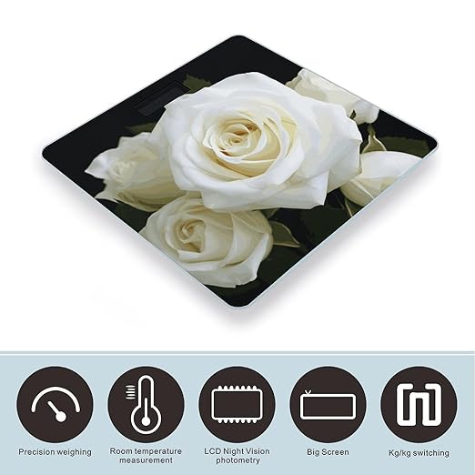White Rose Scale with LCD Easy-to-Read Anti-Slip Weight Digital Bathroom Scale Precision Weighing Scales Sturdy Tempered Glass Body Weight Scales for Daily Use