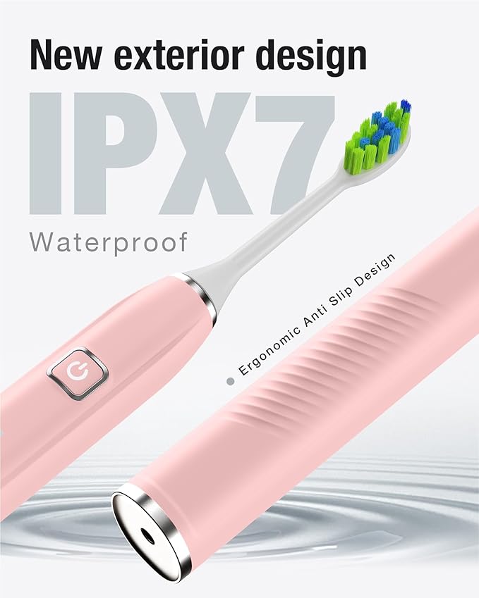 7AM2M Sonic Electric Toothbrush with 6 Brush Heads for Adults&ampKids One Charge for 120 Days Wireless Fast Charge 5 Modes 40000VPM Powered Toothbrush 2 Minutes Built in Smart Timer -Pink