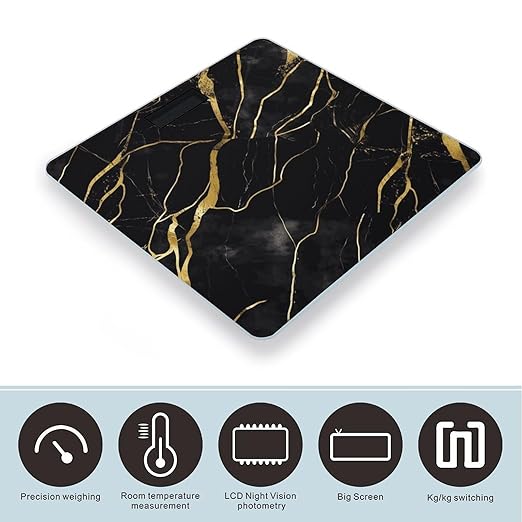 Black and Gold Marble Texture Weight Scale Digital Electronic Scales Bathroom Scale Larg LCD Backlight Display High Precision MeasurementsTempered Glass