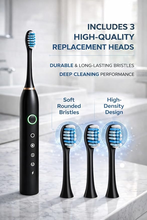 GajetNest Sonic Electric Toothbrush 6 Modes 42000 VPM 6 Brush Heads 15 Day Battery Great for Travel Powerful Toothbrush Black