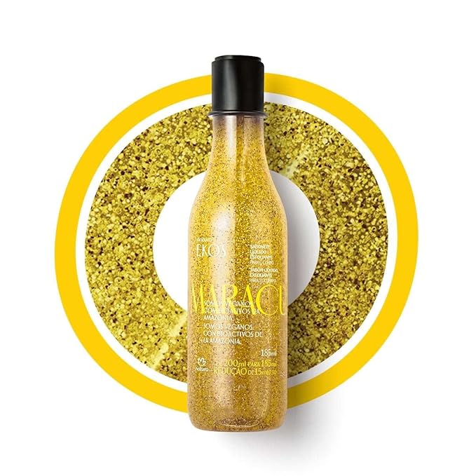 Natura - Passion Fruit Soothing Exfoliating Shower Gel - Maracujá Oil &amp Seed Scrub Vegan Sulfate-Free pH-Balanced Body Exfoliant &amp Cleanser - Body Wash - Vegan Skin Care - 6.2 fl oz (185ml)