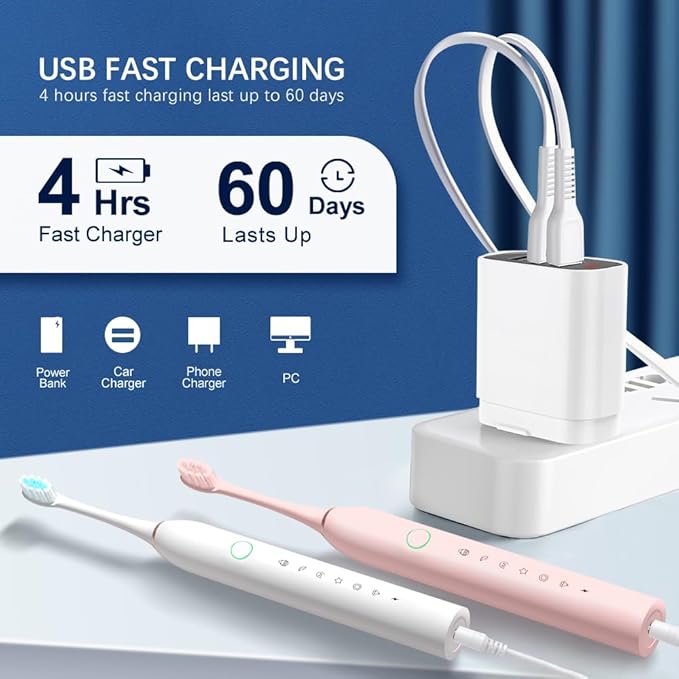 SENWEN 2 Pack Rechargeable Electric Toothbrush with 8 Brush Heads 6 Cleaning Modes Waterproof 2 Minute Timer White&ampPink
