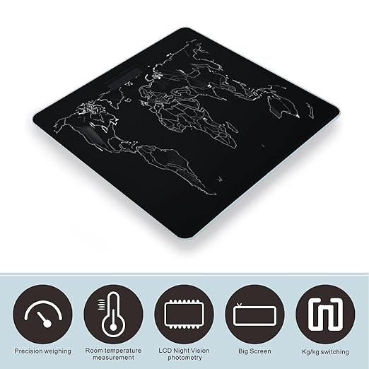Digital Bathroom Scale for Body Weight Scale with Bright LCD Display High Accuracy Step-On Technology Auto On/Off Black World Map Digital Scales 400 Lbs /180kg