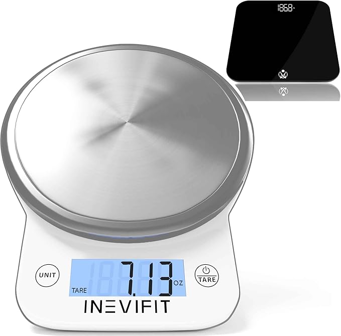 INEVIFIT Bathroom Scale &amp Digital Kitchen Scale Fitness Bundle Complete Body Composition and Nutrition Tracking Solution with Batteries Included