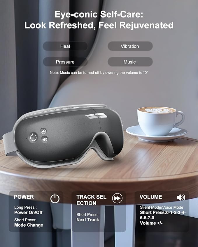 cotsoco Eye Massager with Heat &amp Bluetooth Music Mothers Day Birthday Gifts for Women Reduce Eye Strain Headache Relief and Improve Sleep Eye Care Device for Migraine-Grey