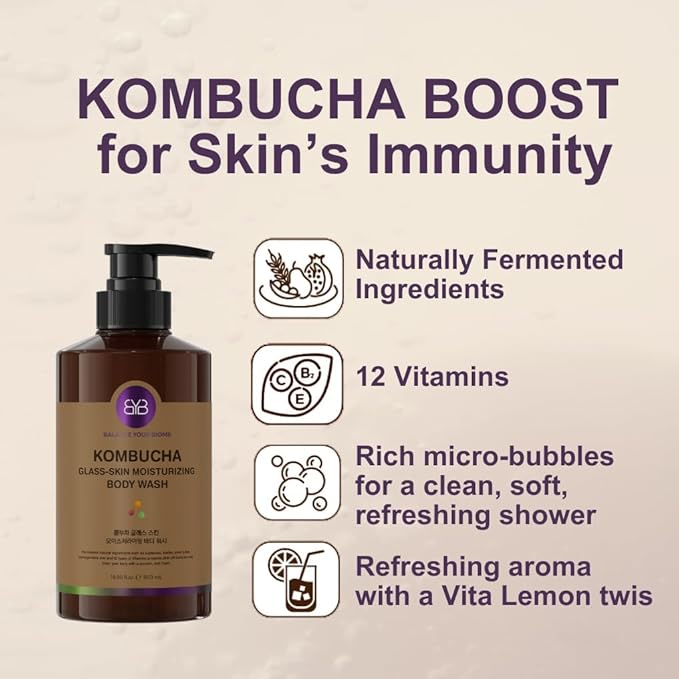 Kombucha Glass-Skin Moisturizing Body Wash K-BeautyFermented soybean barley Pear Juice Pomegranates12 Vitamins Nurishing Cleansing 16.9 fl.ozNo Silicone.Rich micro-foam gently cleanses
