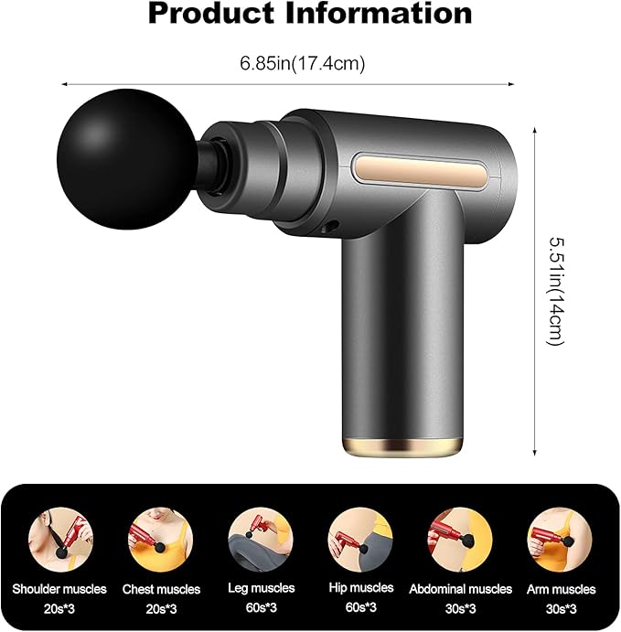 Ergocar Powerful Muscle Massage Gun Deep Tissue 6 Speeds Handheld Electric Body Massager with 4 Heads Super Quiet Fashion for Athletes Sedentary Office WorkerButton Style-Grey