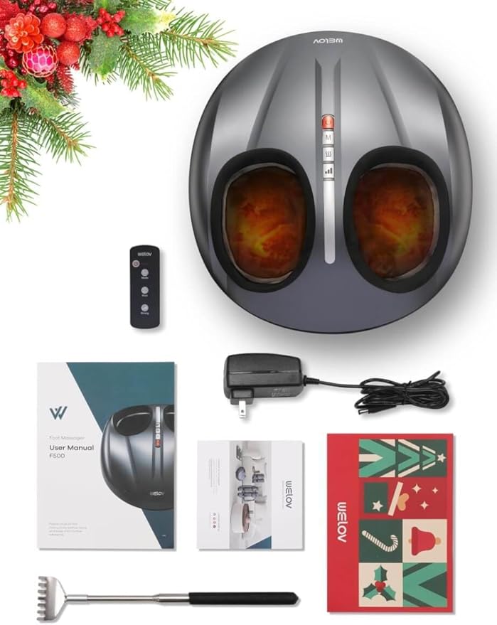 WELOV Foot Massager Machine with Deep-Kneading with 5 Level Foot Massager for Neuropathy Compression Shiatsu Heat for Plantar Fasciitis Fits Feet Up to Size 12 Suitable for Christmas Gifts