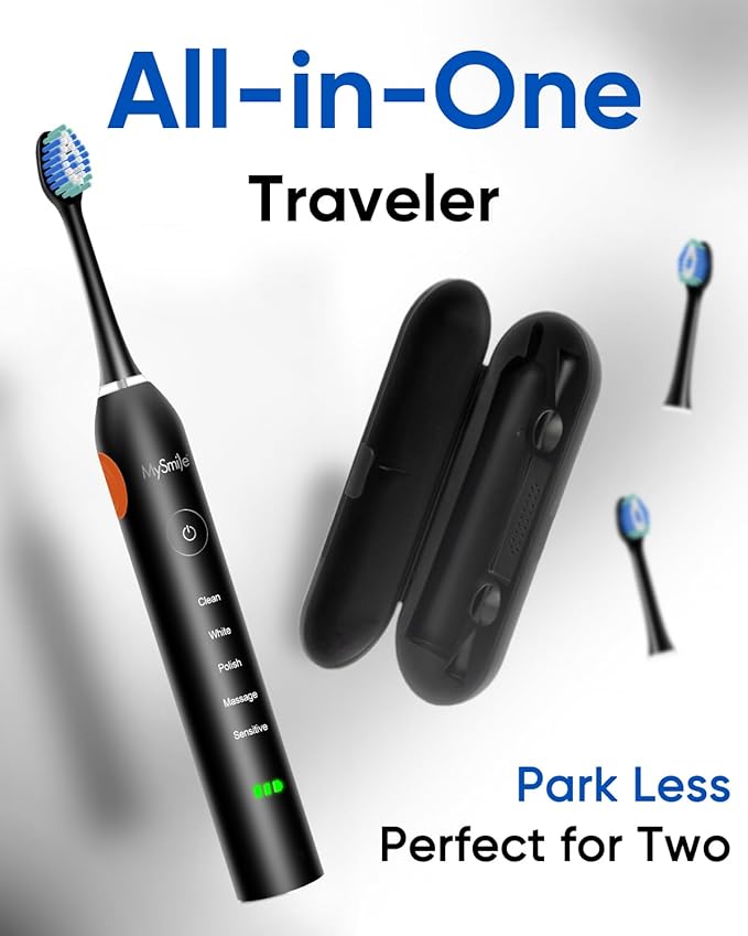 MySmile UC605 Electric Toothbrush for Adults Rechargeable Sonic Electronic Toothbrush with 6 Brush Heads and Travel Case 2 Mins 5 Modes Smart Timer 48000VPM (Black)