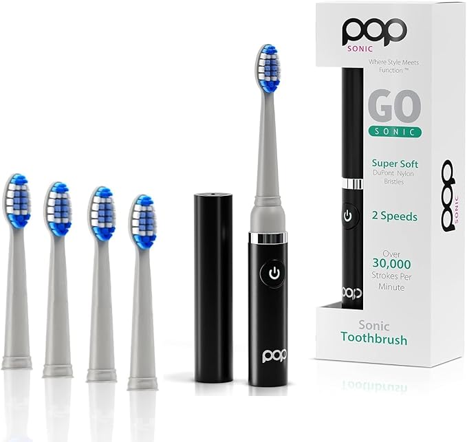 Pop Sonic Electric Toothbrush (Black + 4 Brush Heads) - Travel Toothbrushes w/AAA Battery | Kids Electric Toothbrushes with 2 Speed &amp 15000-30000 Strokes/Minute Dupont Nylon Bristles