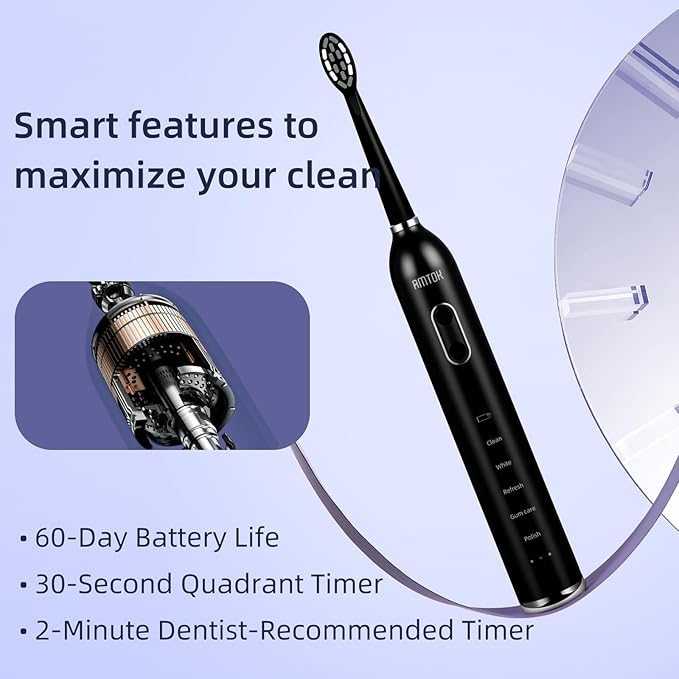 CWX Sonic Electric Toothbrush Wireless Fast Charging 5 Cleaning Modes 3 Intensity Settings 60 Days Battery Life 2 Min Smart Timer 4 Brush Heads &amp Travel Case IPX7 Waterproof